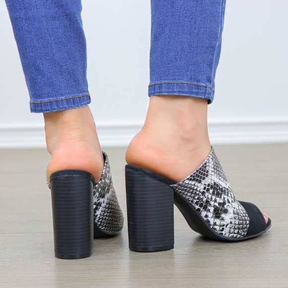 Snake Print Open Toe Slip on Chunky High Heel - Picture 7 of 7